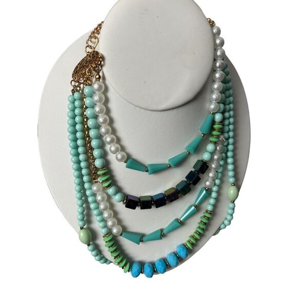 Turquose and faux pearl 5 layer statement necklace - Picture 2 of 13